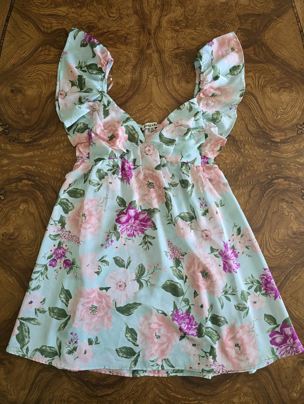 Inspired Hearts Floral Satin Mini Dress Womens Size M Ruffle Sleeve Romantic